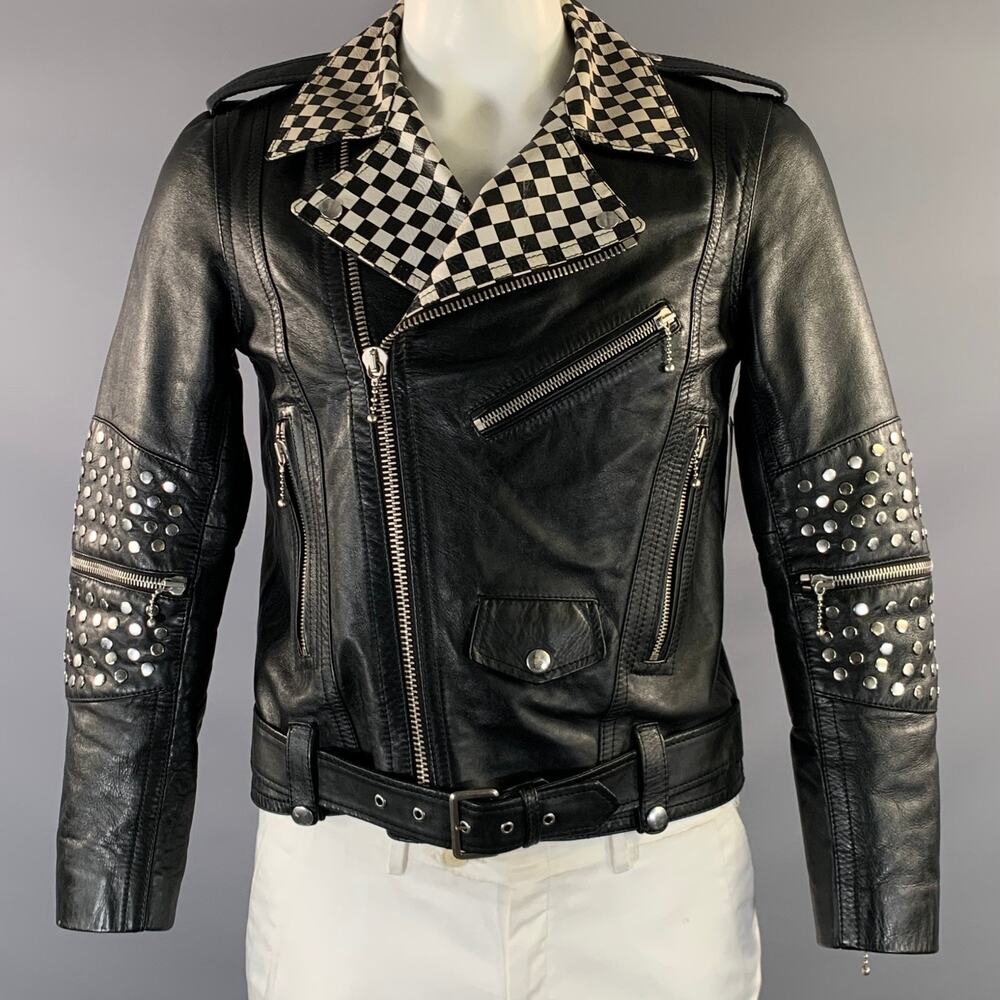 CELINE FW2019 Size 40 Black White Studded Leather Biker Jacket